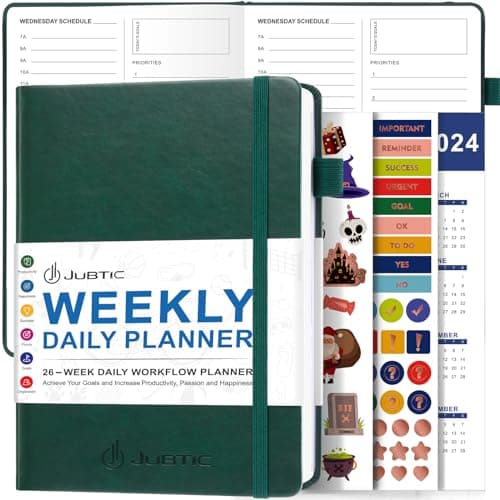 JUBTIC Hourly Daily Planner Undated, Leather Weekly and Monthly Calendar Planner, Appointment Book for Planning, To Do List Notebook Academic Planner to Track Your Goals - Dark Green, A5 Size
