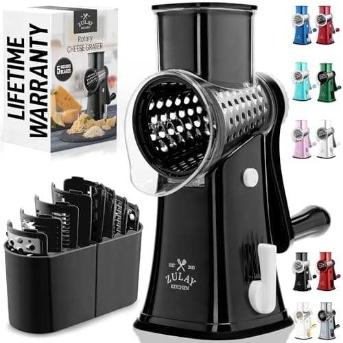 Zulay Kitchen Rotary Cheese Grater 5 Blade Cheese Shredder - Manual Hand Crank Cheese Grater With Reinforced Suction & 5 Interchangeable Drums - Easy to Use, Vegetable Chopper Round Mandoline Slicer