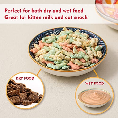 Ceramic Cat Bowls Set of 6 - Colorful/White Cute Shallow Cat Dishes - 5.75-Inch, Whisker Friendly and Wide - Microwave & Dishwasher Safe - 5.3 oz (250 ml) （Colorful 2 ） 5