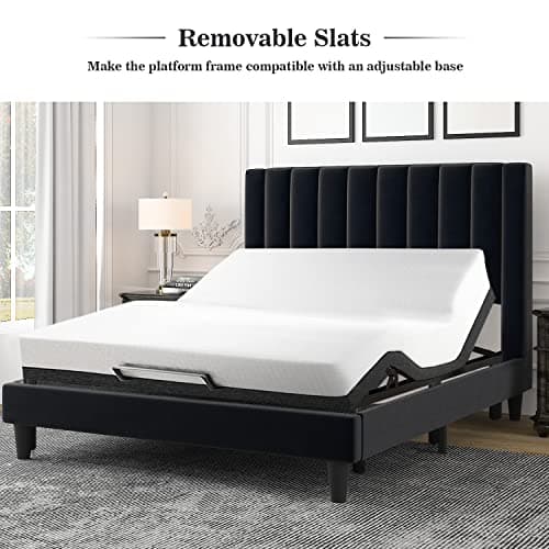 Allewie Queen Bed Frame/Velvet Upholstered Bed Frame with Vertical Channel Tufted Headboard/Strong Wooden Slats/Platform Bed Frame/Mattress Foundation/Box Spring Optional/Easy Assembly/Black 8