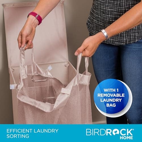 BIRDROCK HOME Single Laundry Hamper with Lid and Removable Liner | Linen | Easily Transport Laundry | Foldable Hamper | Cut Out Handles 5