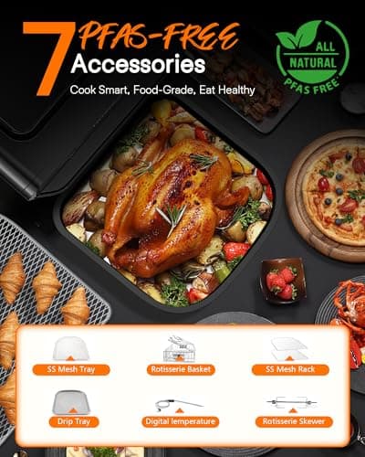 Nuwave Brio 15.5Qt Air Fryer Toaster Oven & Rotisserie Kit, 2024 New Advanced Turbo Convection Tech, Healthy PFAS Free, Max Even & Crisp, Powerful 1800W, 50-425°F, 150 Presets, Smart Probe, 4 Rack 7