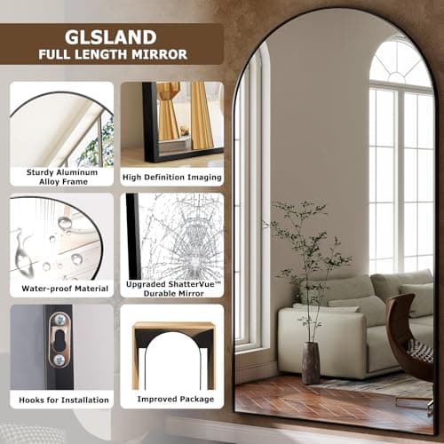 GLSLAND-30x71 inch Wall Mount Arched Full Length Mirror-Aluminum Alloy Frame High Definition-Full Body Mirror for Bedroom or Living Room,Black 4
