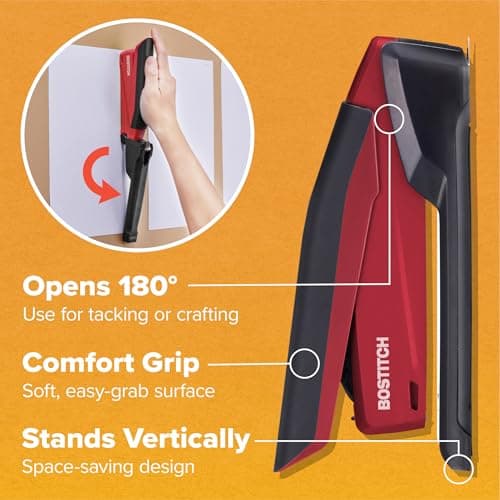 Bostitch Office Executive 3 in 1 Stapler, Includes 210 Staples and Integrated Staple Remover, One Finger Stapling, No Effort, 20 Sheet Capacity, Spring Powered Stapler, Red 7