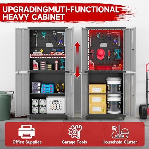 Bestoo Metal Storage Cabinet with Wheels, Steel Garage Cabinet with Lock Door and Adjustable Shelves, Tall Tool Storage for Home, Garage, Pantry (Black+Gray) 5