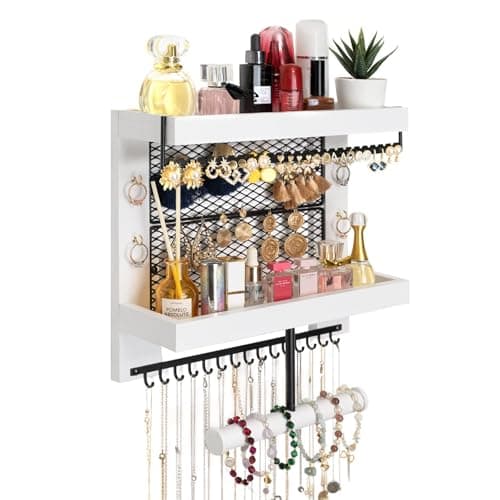 Pinzoveco Hanging Jewelry Organizer Wall Mounted With Wall Jewelry Organizer Holder For Necklaces Bracelet Earrings Ring (White)