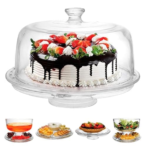 JOEY'Z Extra Large (12") 6 in 1 Acrylic Cake Stand with Dome Lid Multifunctional Serving Platter and Plate, Salad Bowl/Veggie Platter/Punch Bowl/Desert Platter/Chips & Dip - BPA Free