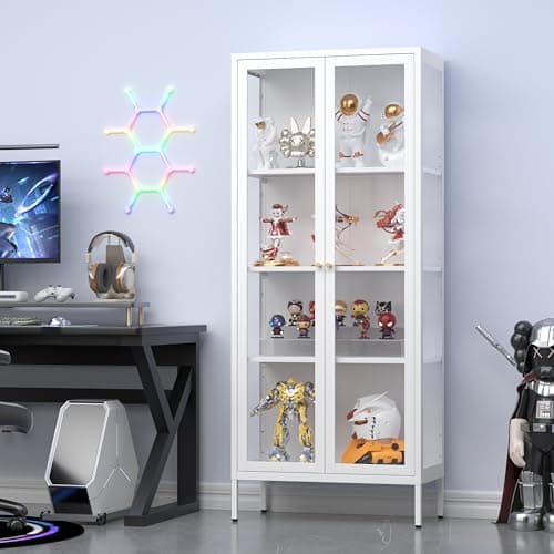 UNICOLY Display Cabinet with Glass Doors, Glass Display Cabinet 4-Tier, Metal Curio Display Cabinet with Tempered Glass Doors for Living Room, Plant, Display Shelf, Assembly Required, White 7