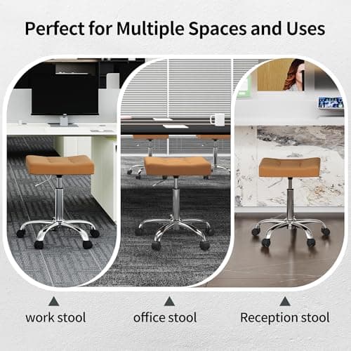 FIRAVOE Office Stool with Wheels (300lbs Capacity) (Adjustable Height 17"-21") Brown Faux Leather Workbench Stool (Camel Brown) 7