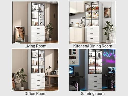 chartustriable 79" Tall Display Cabinet with LED Sensor Light & Pop-up Glass Doors & Drawers, Modern Bookcase Curio Storage Cabinet for Bedroom, Living Room, Office, White 8