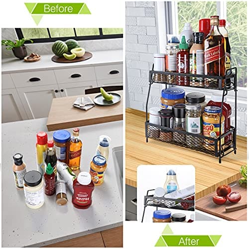 Flanney 2 Tier Metal Foldable Spice Rack Organizer for Countertop, Non-Slip Kitchen Bathroom Storage (Black) 5