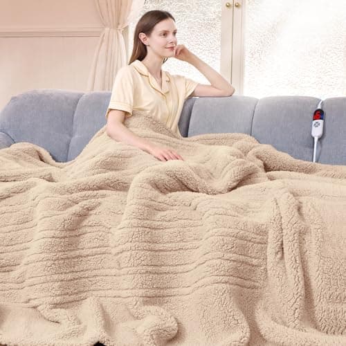 LUZARTA Heated Blanket Full Size 72"X84" Beige - Soft Double Sided Sherpa Electric Blanket Full Size with LED Display, 6 Heating Levels & 10 hrs Timer, Machine Washable & Fast Heating, Gift for Women