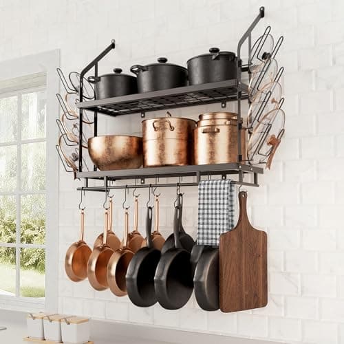 KES 30-Inch Pot Rack Wall Mounted with 8 Secure Lid Holders & 12 Sturdy Hooks, 2-Tier Kitchen Hanging Pot and Pan Organizer, Ample Storage for Tall Cookware, KUR215S75C-BK
