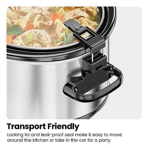 Chefman 6 Quart Slow Cooker with Locking Lid, Ceramic Crock with Portable Cook and Carry Travel Latching Lock, Large Easy Clean Dishwasher Safe Pot Insert, Manual 3 Heat Settings, Stainless Steel 6