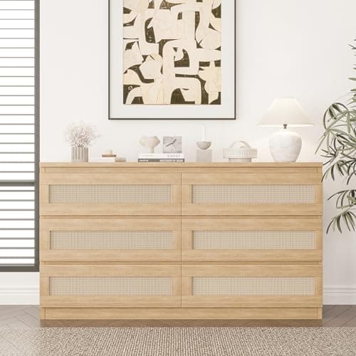 GarveeHome Rattan Dresser for Bedroom, 6 Drawer Dresser for Closet, Wide Wood Dressers & Chests of Drawers, Nightstands, TV Stands for Living Room, Entryway, Cloakroom, Hallway, Natural Oak 6