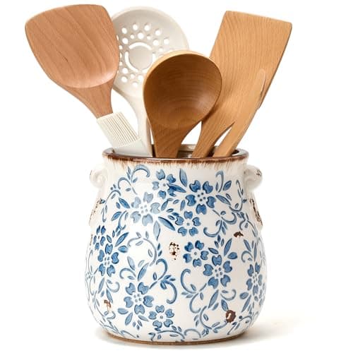 Utensil Holder for Kitchen Counter, Modern Farmhouse Rustic Cooking Utensil Holder and Crock, Exquisite Chinoiserie Floral Ceramic Utensil Organizer for Home Kitchen Decor- Blue and White Porcelain