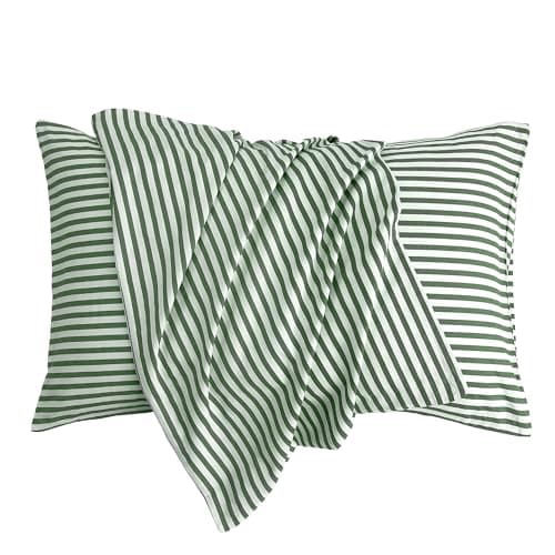 JELLYMONI 100% Natural Cotton Striped Standard Pillowcases Set, 2 Pack White and Green Stripes Pattern Printed Pillow Covers with Envelope Closure(Pillows are not Included)