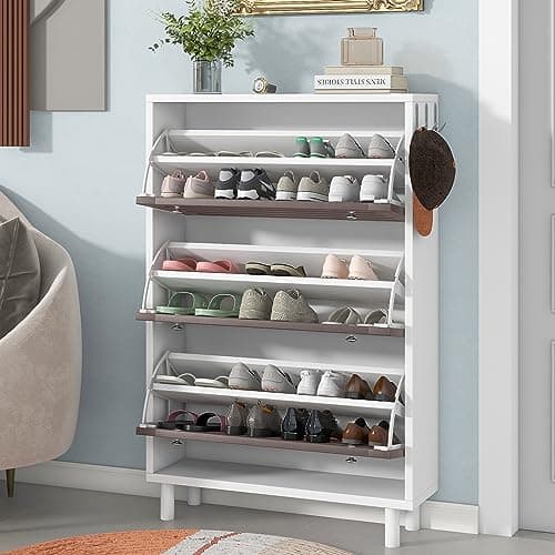 Elefesign Minimalist Slim Shoe Cabinet with Hanging Hooks, Slits Design Panels Entryway Organizer with 3 Flip Drawers, Free Standing Shoe Rack with Adjustable Panel for Hallway, White