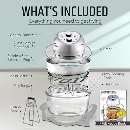 Granitestone 16Qt Large Glass Air Fryer Non Toxic – Family Sized Airfyrer Cooker with 3 Cooking Sections, Stainless Steel Racks, for French Fries, Chicken, No Preheat, Self Cleaning, Dishwasher Safe 8
