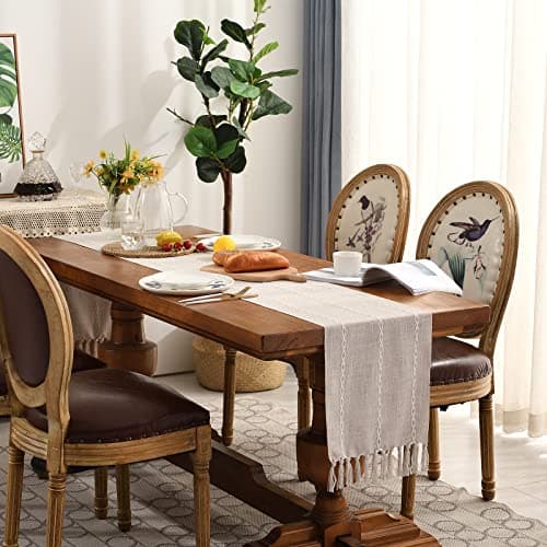 Wracra Rustic Linen Table Runner Farmhouse Style Table Runners 72 inches Long Embroidered Fall Table Runner with Hand-Tassels for Party, Dresser and Dining Room Decorations(Light Coffee, 13"×72") 6