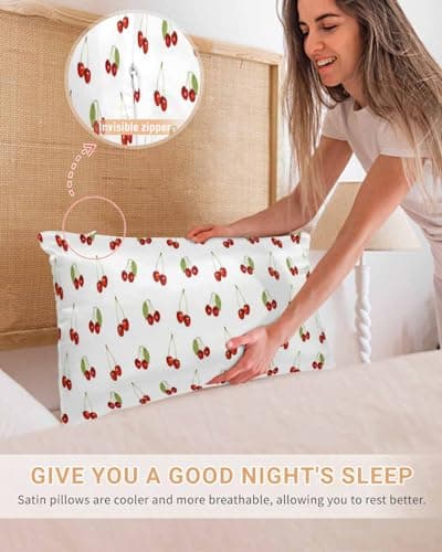 Vertdecor Satin Pillowcase for Hair and Skin, Red Cherry with Leaves Silk Pillow Cases Standard Size with Zipper 2 Pack Super Soft Pillow Covers, 20x26 Inches, Cherryadr57124 5