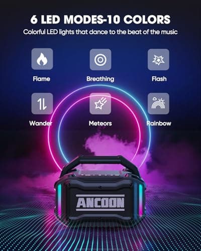 ANCOON Speakers Bluetooth Wireless: 80W(Peak) Loud Speaker with Bass, 20H Playtime, IPX6 Waterproof, Large Jobsite Speakers for Work, Outdoor, Workshop, Garage, Portable Speaker with TWS (Black) 6