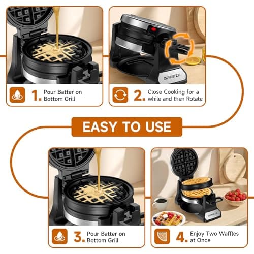 Waffle Maker, Double Belgian Waffle Maker 180°Flip, 1400W Waffle Iron 8 Slices, Rotating & Nonstick Plates with Removable Drip Tray for Easy Clean, Stainless Steel, Locking Buckle & Cool Touch Handle 8