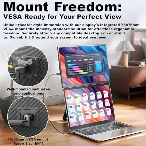 domyfan 16.1'' Laptop Screen Extender, 360° Rotating Detachable Stand/VESA Support, FHD 1200P IPS Portable Monitor, Plug & Play with HDMI/USB-A/Type-C, Compatible Win/Mac/Android 7