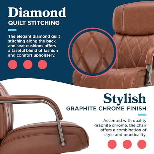 La-Z-Boy Symphony Executive Mid-Back Office Chair, Diamond Quilt Seat and Back, Pocket Coil Cushion, Padded Armrests, Ergonomic Computer DeskChair, Swivel Metal Base, Bonded Leather, Cognac/Graphite 6
