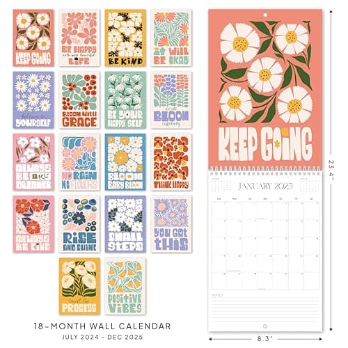 2025 Vertical Wall Calendar, Hanging Calendar from Now to December 2025, 18 Months (8.3" x11.7")|Large Monthly Grid|Floral Pattern with Motivational Quote| Back to School|Wall Art Home Decor