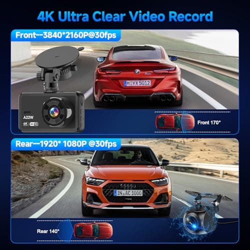Front and Rear Dash Camera, 4K Dash Cam WiFi Car Camera with 64GB Card, 3.0" IPS Dash Camera for Cars with USB Charger, WDR, Night Vision, 170° Wide Angle, G-Sensor, Loop Recording, 24H Parking Mode 7