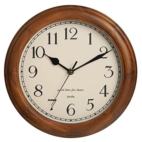 Wooden Wall Clock with Retro Design, 11 Inches Round Wall Clocks Battery Operated Silent Non-Ticking, Big Arabic Numerals, for Kitchen Living Room Classroom Gym and Pool, Brown