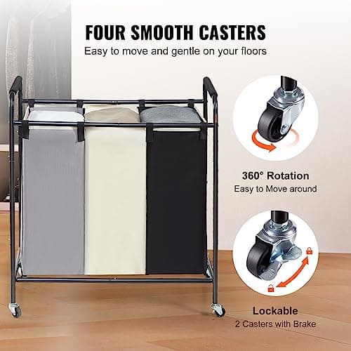 VEVOR 3-Section Laundry Basket, Heavy Duty Laundry Hamper Storage Organizer, Laundry Sorter Cart with Heavy Duty Lockable Wheels for Dirty Clothes in Laundry Room Bedroom 5