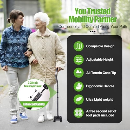Ez2care Adjustable Folding Quad Cane for Right or Left Hand Use, Lightweight, Self Standing Small Base Walking Stick for Travel and Storage, Four Prongs Collapsible Cane, Metallic Grey 7