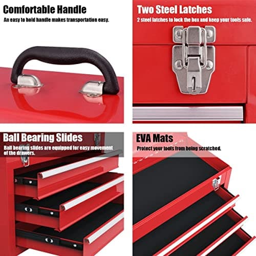 Giantex Portable Steel Tool Box, 20.5'' Toolbox w/ 3 Drawers & Top Storage Tray, Tool Storage Chest w/Double Latch System, Ball Bearing Drawer Slides, EVA Liners & Carrying Handle, Red 5