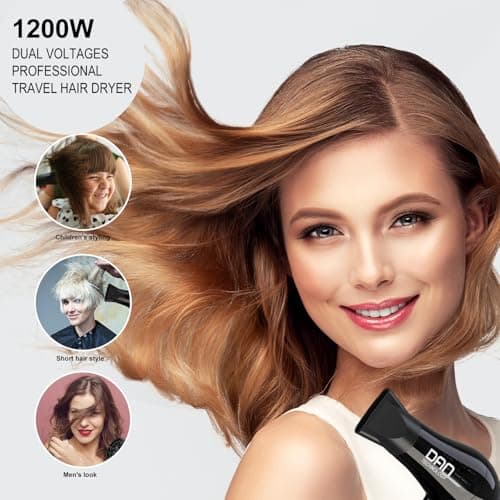 DAN Technology Auto Dual Voltage Hair Dryer,Hair Blow Dryer,Folding hairdryer for Travel,Small Blower with Multi-Function Plug Adapter,Compact Hair Dryer with Diffuser & Concentrator 7