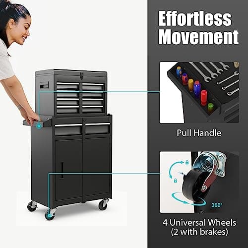 Goplus Tool Chest, 5-Drawer Rolling Tool Storage Cabinet with Detachable Top Tool Box, Liner, Universal Lockable Wheels, Adjustable Shelf, Locking Mechanism, Metal Tool Cart for Garage Workshop 5