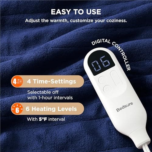 Bedsure Heated Blanket Throw Blanket - Fast Heating Electric Blanket, Soft Flannel Heated Throw with 4 Time Settings, 6 Heating Settings, Warm Gifts for Grandma Granpa (50x60 inches, Pageant Blue) 5