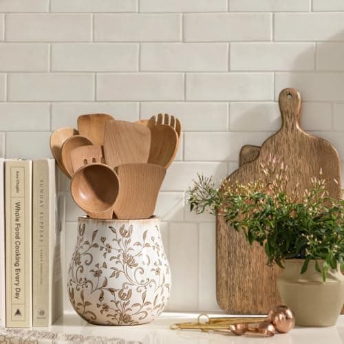 JIEMEI HOME Kitchen Utensil Holder, 6.3" Ceramic Rustic Utensil Crock for Countertop, Farmhouse Cooking Tool Organizer, Spatula Holder For Kitchen Decor, Brown Floral 6