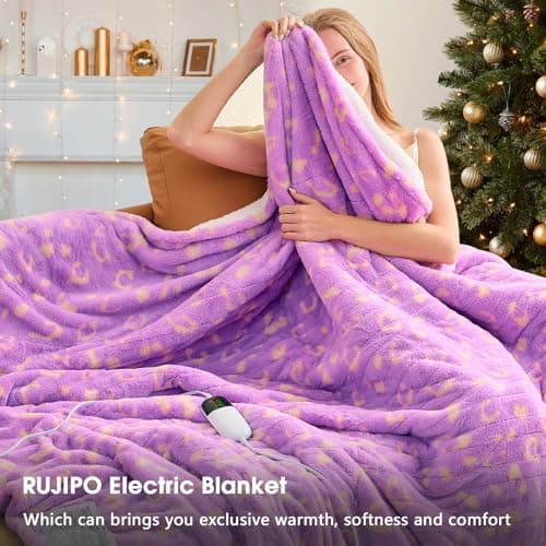 Leopard Print Heated Electric Blanket Throw,50X60 Purple Heating Blanket with 10 Heats Levels & 8 Hours Auto Off,Cute Cheetah Soft Fleece Sherpa Blankets Warmer Gifts for Women Washable 6