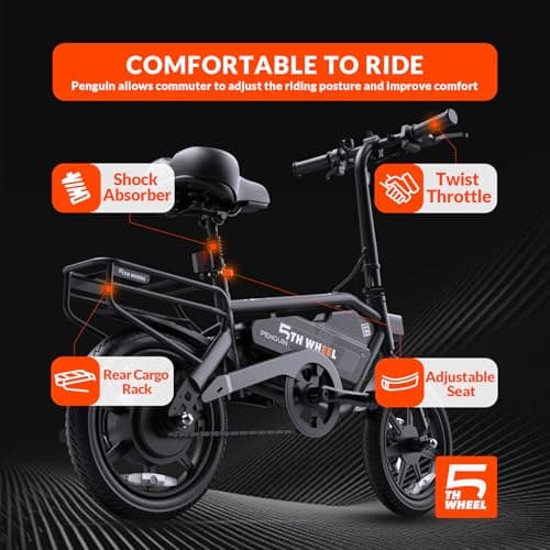 5TH WHEEL Penguin Electric Bike, Mini 14" E-Bikes with Foldable Handlebar and Adjustable Seat, Peak 700W Motor & 20 MPH, 40 Miles PAS Range Commuting Bikes with Dual 160MM Disc Brakes and Cargo Rack 6