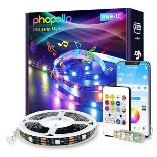 phopollo RGB Smart LED Strip Lights, 16.4ft LED Lights for Bedroom, Bluetooth APP Control, DIY Multiple Colors on One Line, Color Changing LED Strip Lighting Music Sync, USB Powered