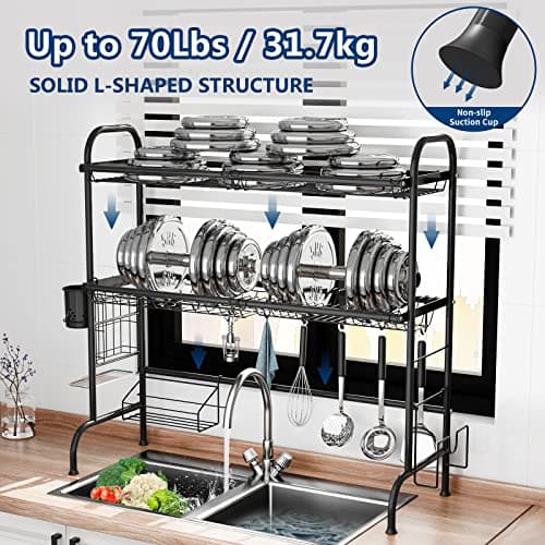 MOUKABAL Dish Drying Rack - Stainless Steel Over The Sink Dish Drying Rack (Expandable Length), 2 Tier Large Dish Rack with Utensil Holder, 32.3" - 33.9"(L) x 11.4"(W) x 32.3"(H) Black 5
