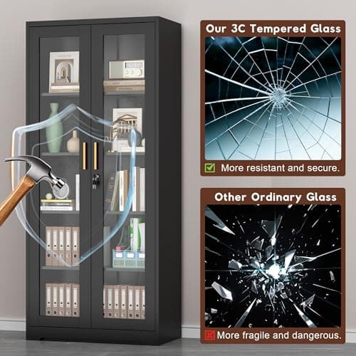 UNICOLY Lockable Display Cabinet with Glass Doors, Curio Cabinets with 4 Adjustable Shelves, Liquor Bookcase Bookshelf with Doors, Metal Storage Cabinet for Living Room Pantry, Black 5