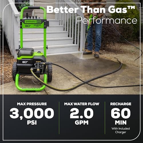 Greenworks 80V 3000 PSI Pressure Washer (2.0 GPM), (2) 4.0Ah Batteries and Dual Port Rapid Charger, Powerful Enough to Remove Pesky Dirt and Grime on Siding, Fences, Patios, Driveways, and Sidewalks 3