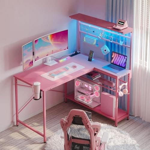 Bestier 42 L Gaming Desk,Computer Desk with Power Outlets, LED Lights, Reversible Corner Desk with 4-Tier Shelves,Cup Holder & Hook Carbon Fiber Pink