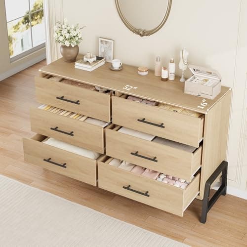 GarveeHome 6 Dresser for Bedroom, 52 in Wide Drawer with Large Storage Space, Freestanding Wooden Closet Storage Dresser Chest for Living Room, Bedroom, Entryway, Natural Oak 5