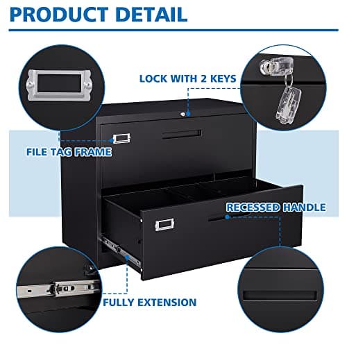 BYNSOE 2 Drawer Lateral File Cabinet Metal Filing Cabinet with Lock Office Home Steel Lateral File Cabinet for A4 Legal/Letter Size Lockable Wide Metal Cabinet,Assembly Required(2 Drawer, Black) 8