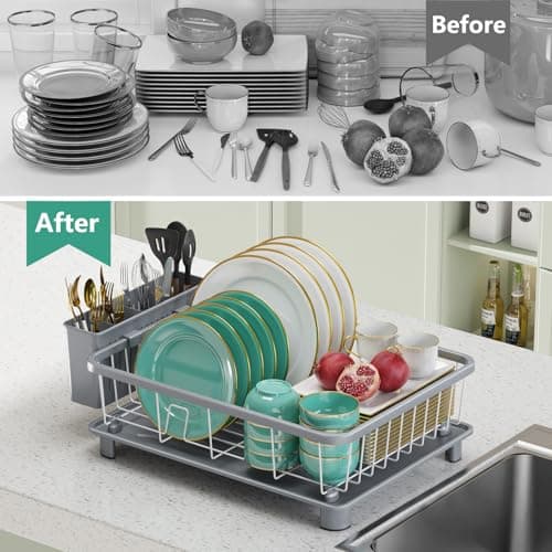 Hiviweer Dish Drying Rack - Space-Saving Dish Rack,Dish Racks for Kitchen Counter with Drainboard, Rustproof Dish Drainer with a Removable 4-Compartment Utensil Holder,Gray 6