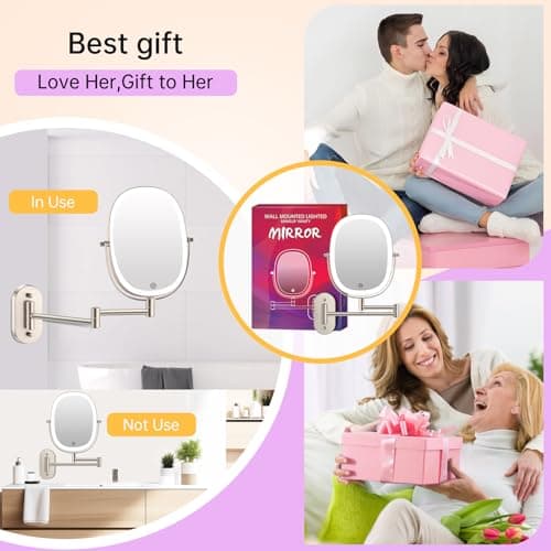 FUNTOUCH Wall Mounted Makeup Mirror,Rechargeable 7X/1X Double Sided Touch Switch Rectangle Oval Wall Mounted Magnifying Mirror with Light, 3 Color Setting,Extended Arm 360°Foldable, Nickel 7